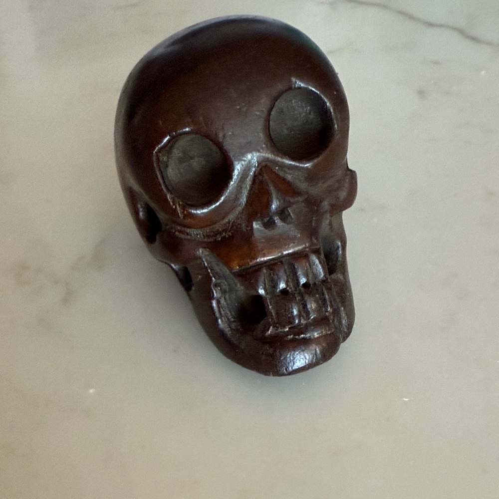 Brown Skull Art Sculpture:miniature incense holder 2 1/2“ African wood carving